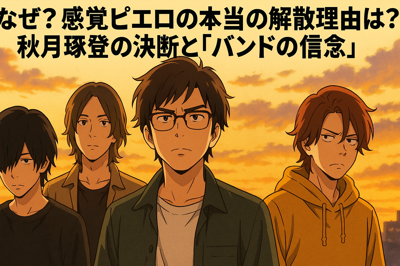 感覚ピエロの解散理由を描いたアニメ風イラスト。秋月琢登の決断と“バンドの信念”を象徴する夕焼けの背景に4人のメンバーが真剣な表情で並ぶシーン