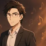 「森進一の次男・森内智寛（はてな）をイメージしたアニメ風イラスト。音楽活動やステージを連想させる背景にメガネ姿の男性が登場」