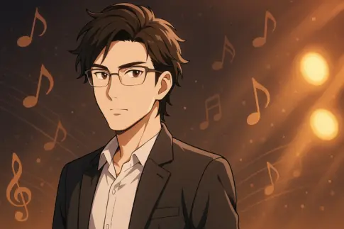 「森進一の次男・森内智寛（はてな）をイメージしたアニメ風イラスト。音楽活動やステージを連想させる背景にメガネ姿の男性が登場」