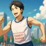 チャリティーマラソンを走る若い男性ランナーのイラスト
