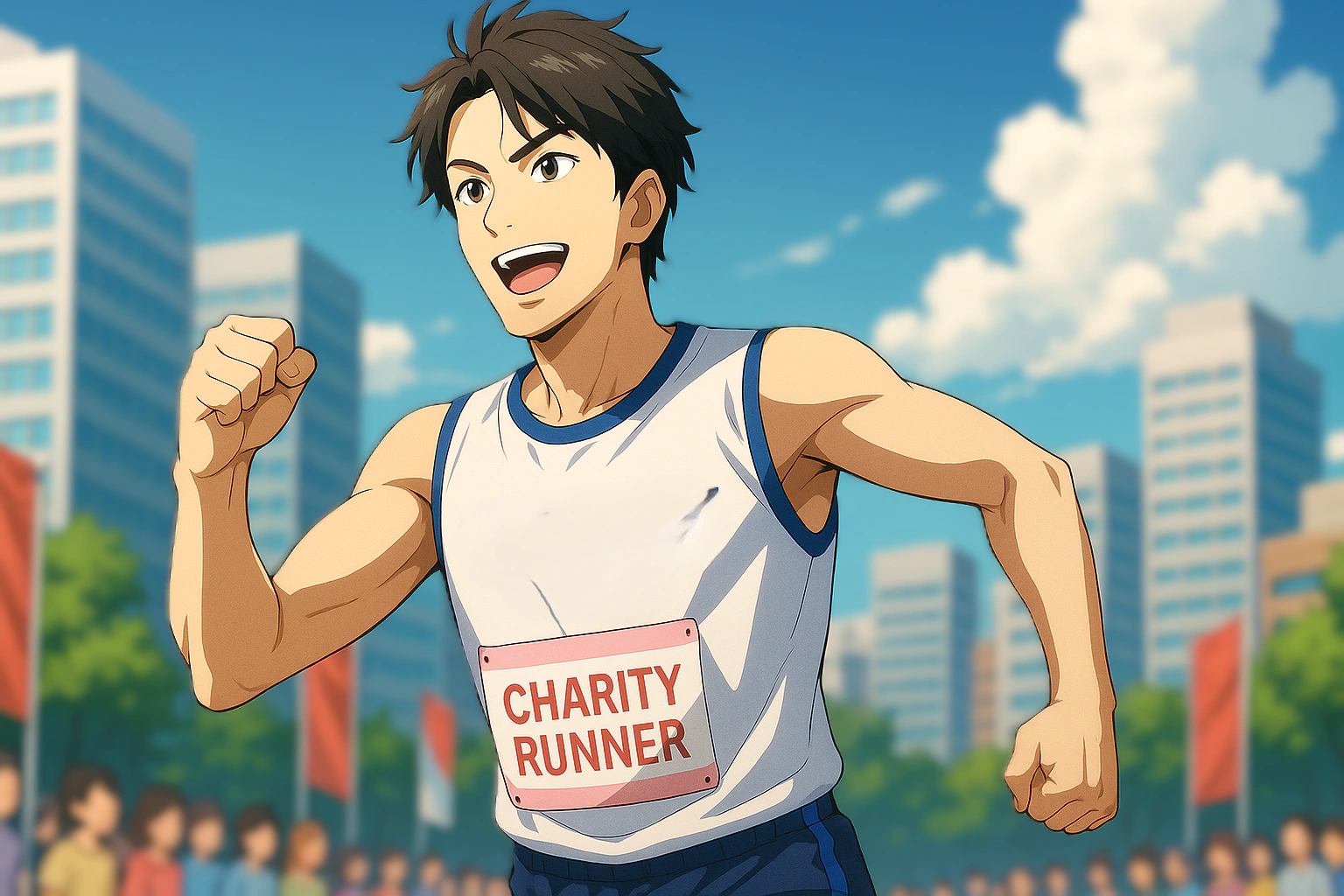 チャリティーマラソンを走る若い男性ランナーのイラスト