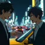 夜の繁華街で口論するスーツ姿の若い男性2人。