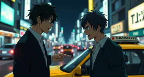 夜の繁華街で口論するスーツ姿の若い男性2人。