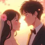 ウェディングドレスとタキシード姿のカップルが見つめ合うアニメ風イラスト
