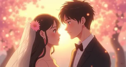 ウェディングドレスとタキシード姿のカップルが見つめ合うアニメ風イラスト